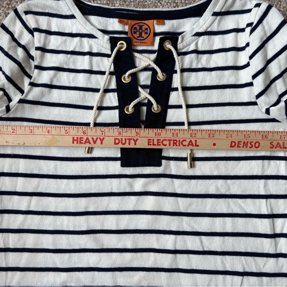 Tory Burch Navy & White Striped Lace-Up Top 3/4 sleeves, nautical sailor, Size S - Picture 5 of 11
